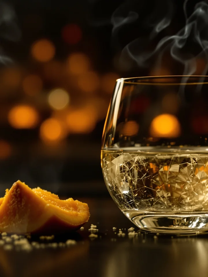 Agave spirit in a glass beside citrus peel