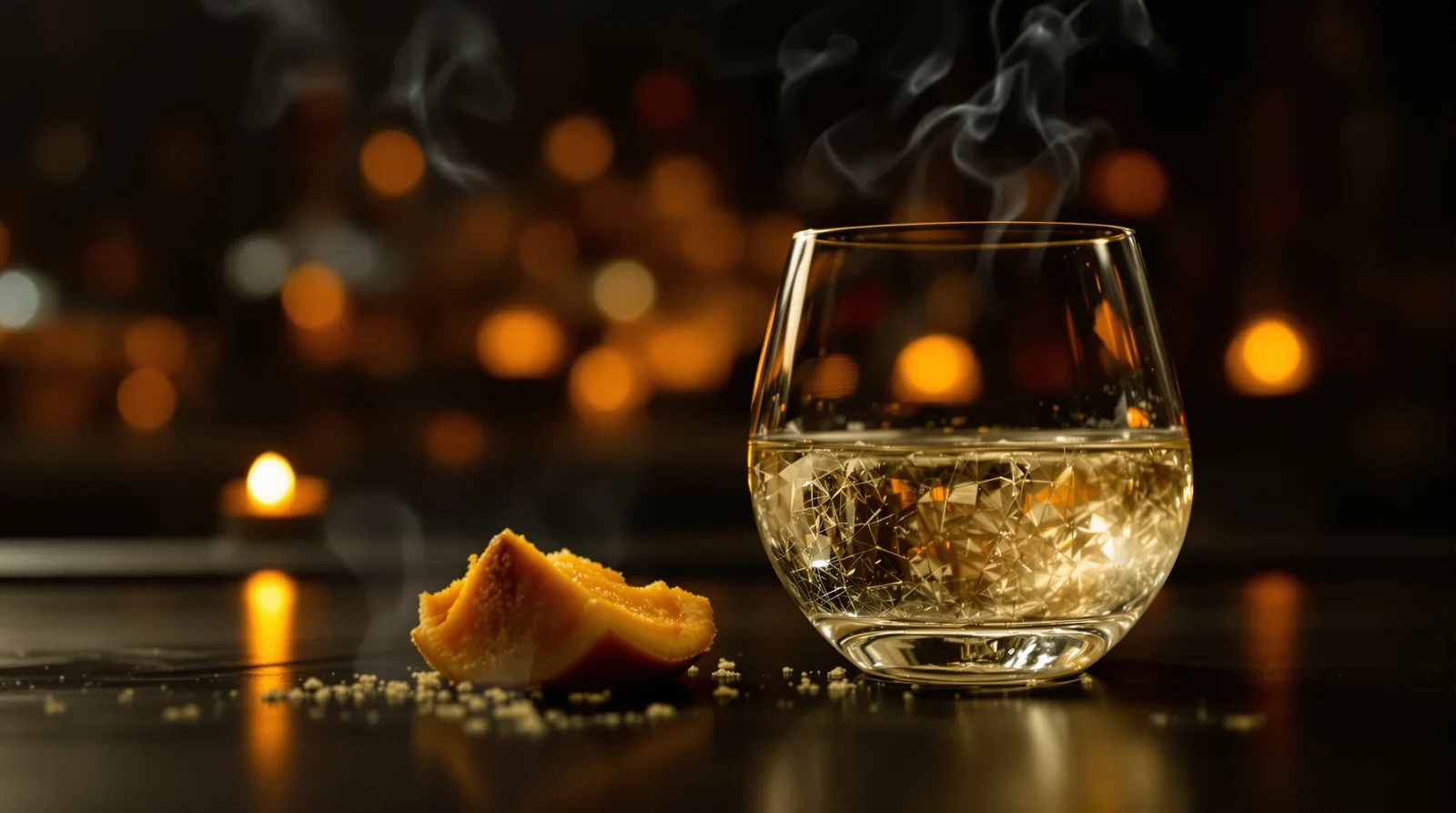 Agave spirit in a glass beside citrus peel